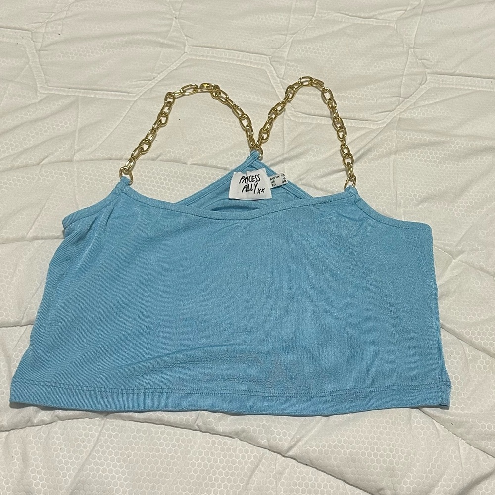 Princess Polly
Blue Halter Top
Gold Detail